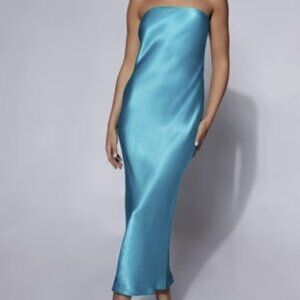 Meshki Tyler Strapless Satin Midi Dress - Cyan Blue - Size Medium